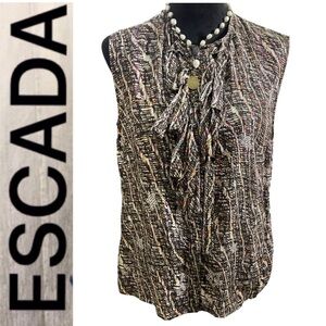 Escada Sport Silk Blouse sleeveless
Fringe Ruffle Multi Color Button Front sz 40